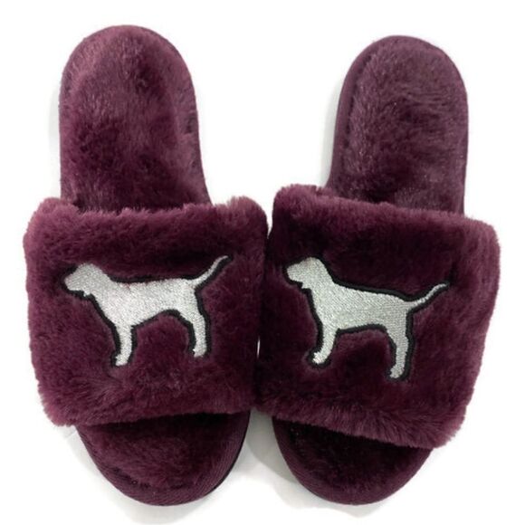 Victoria's Secret PINK Dog Fluffy Slides Slippers Plum Small - Picture 1 of 4